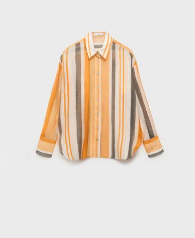 Mango Striped Lyocell Shirt Off White In Orange