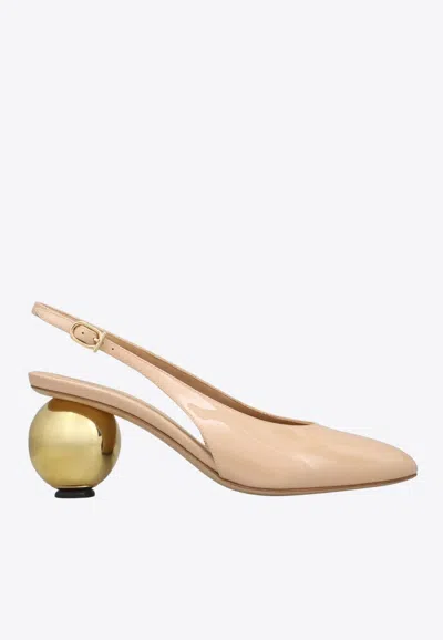 Ferragamo Tessie 70 Spherical Heel Leather Slingback Pumps In Neutral
