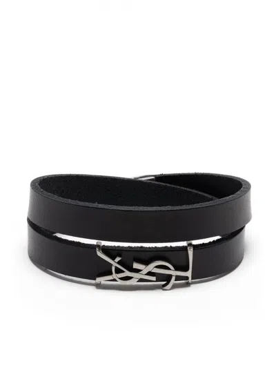 Saint Laurent Black Opyum Leather Double-loop Bracelet In Black