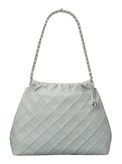 Tory Burch 'fleming' Grey Diamond Quilted Shoulder Bag With Chain-link Handles In Leather Woman In Gray