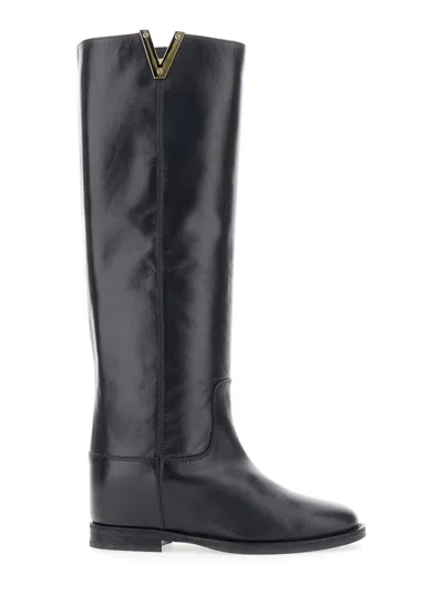 Via Roma 15 Black Boots With Cut-out Detail On The Side And Logo Plaque In Leather Woman In Animal Print