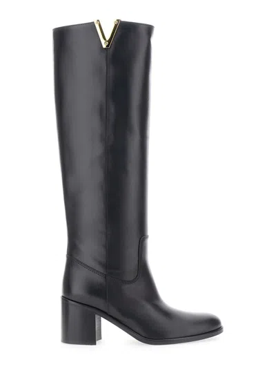 Via Roma 15 Black Knee-high Boots With Cut-out On The Side And Logo Plaque In Leather Woman In Black