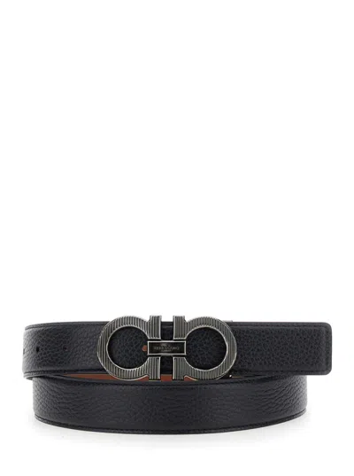 Ferragamo Black Reversible Belt With Gancini Buckle In Leather Man In Black