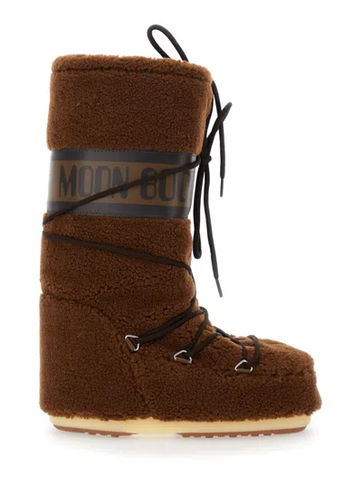 Moon Boot Icon Faux Leather-trimmed Fleece Snow Boots In Brown