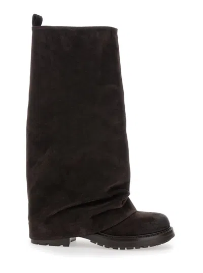 Strategia Slouchy Black Suede Tall Boots With Folded Cuff And Rubber Sole In Brown
