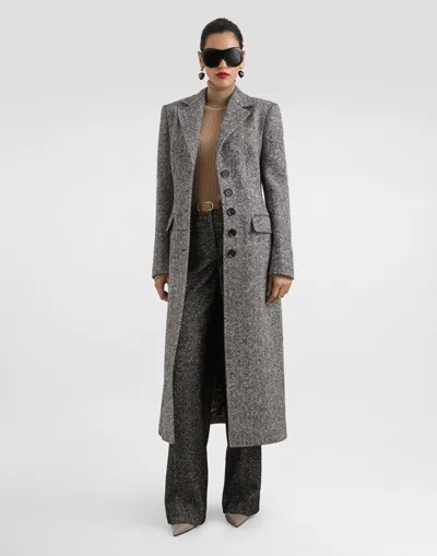 Dolce & Gabbana Single-breasted Wool Chevron Coat In Gray