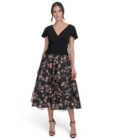 Jessica Howard Plus Size Mixed-media Mesh-skirt Fit & Flare Dress In Multi