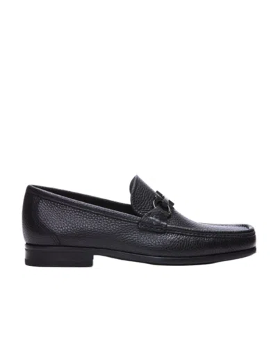 Ferragamo Gandioso Pebbled Moccasin With Gancini Ornament In Black Leather