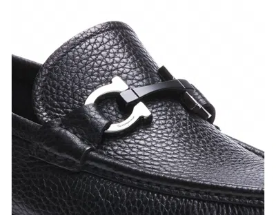 Ferragamo Gandioso Pebbled Moccasin With Gancini Ornament In Black Leather