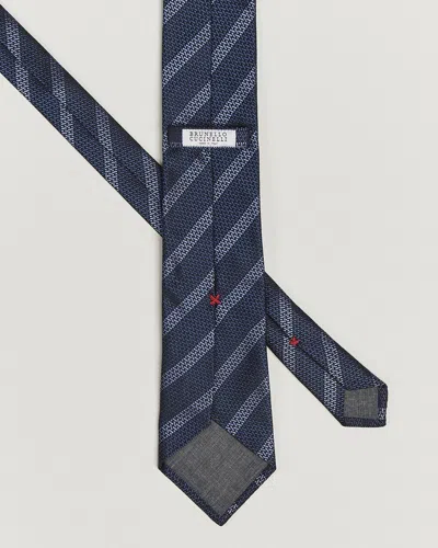 Brunello Cucinelli Sapphire Blue Striped Silk Tie In Blue
