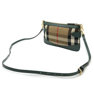 Pre-owned Burberry Beige Green Canvas Leather Clutch Bag Pochette Shoulder Bag ()