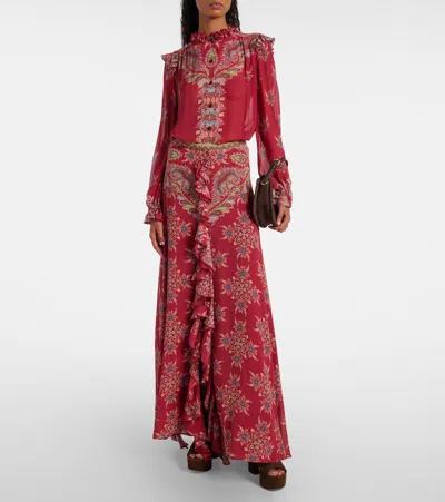 Etro Printed Ruffle Front Maxi Skirt In Red