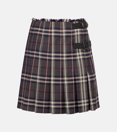 Burberry Leather-trimmed Pleated Checked Wool Mini Skirt In Multi