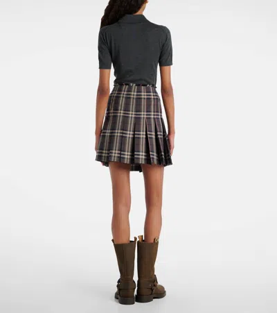 Burberry Leather-trimmed Pleated Checked Wool Mini Skirt In Multi
