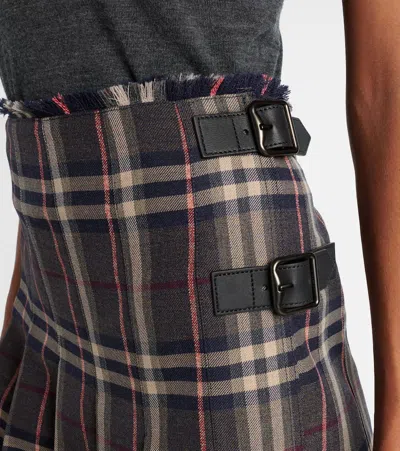 Burberry Leather-trimmed Pleated Checked Wool Mini Skirt In Multi