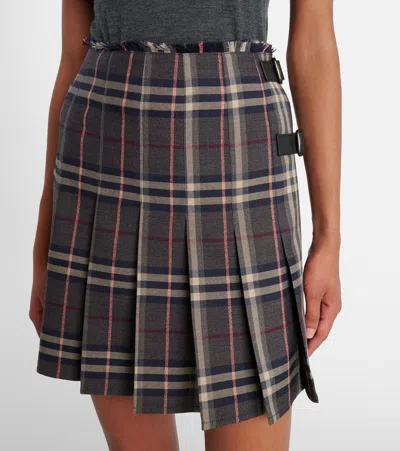 Burberry Leather-trimmed Pleated Checked Wool Mini Skirt In Multi