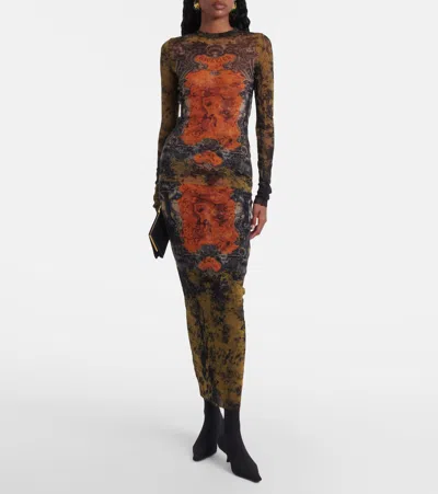 Jean Paul Gaultier Mesh Skirt With Graphic Print Overlay In Multi