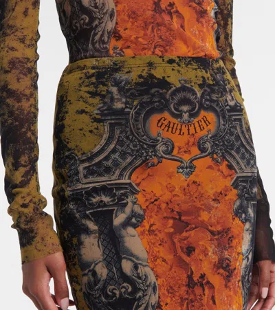 Jean Paul Gaultier Mesh Skirt With Graphic Print Overlay In Multi