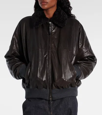 Brunello Cucinelli Leather Jacket With Shearling Collar In Brown