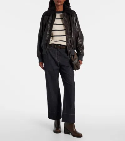 Brunello Cucinelli Leather Jacket With Shearling Collar In Brown