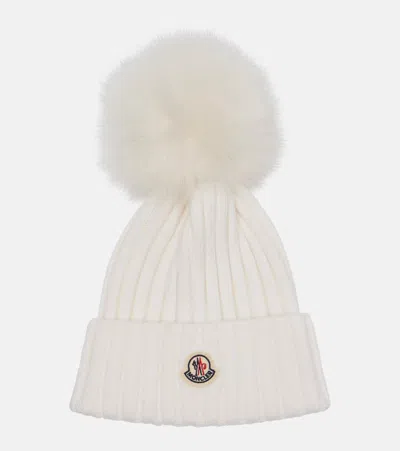 Moncler Virgin Wool Rib Beanie With Faux Fur Pompom In White