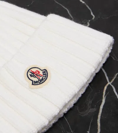 Moncler Virgin Wool Rib Beanie With Faux Fur Pompom In White