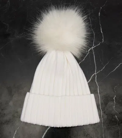 Moncler Virgin Wool Rib Beanie With Faux Fur Pompom In White
