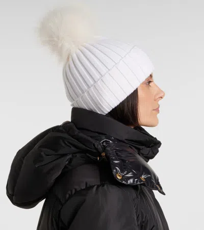 Moncler Virgin Wool Rib Beanie With Faux Fur Pompom In White