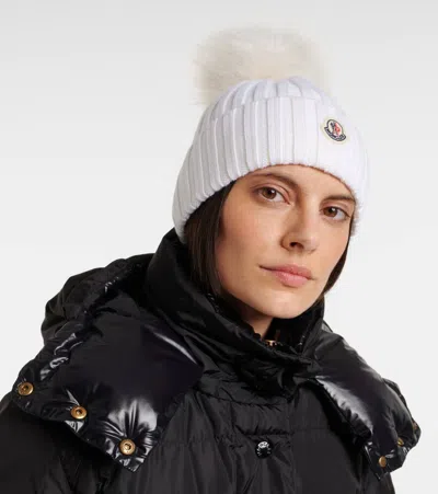 Moncler Virgin Wool Rib Beanie With Faux Fur Pompom In White