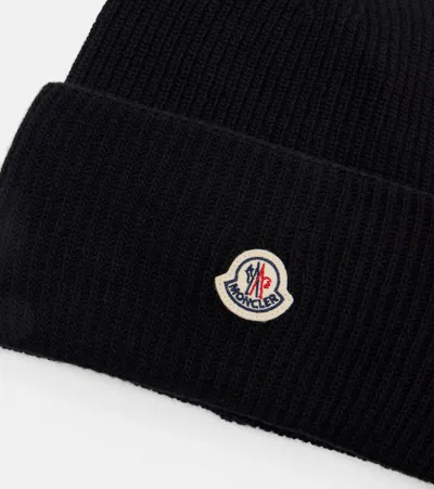 Moncler Ribbed Knit Carded Wool Beanie With Felt Logo Patch In Black