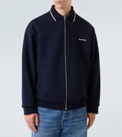 Miu Miu Logo Cotton Blouson In Blue