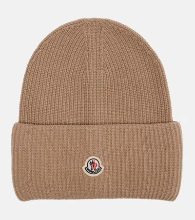 Moncler Ribbed Knit Wool Beanie With Felt Logo Patch In Brown
