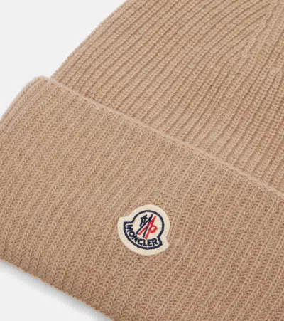 Moncler Ribbed Knit Wool Beanie With Felt Logo Patch In Brown