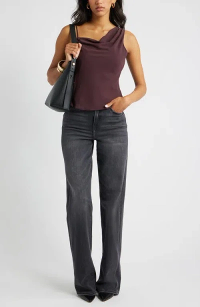 Open Edit Drape Asymmetric Neck Top In Brown
