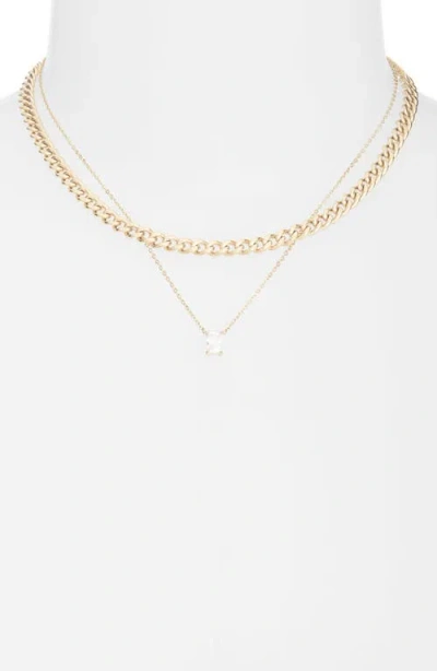 Nordstrom Set Of 2 Curb Chain & Cubic Zirconia Pendant Necklaces In Gold