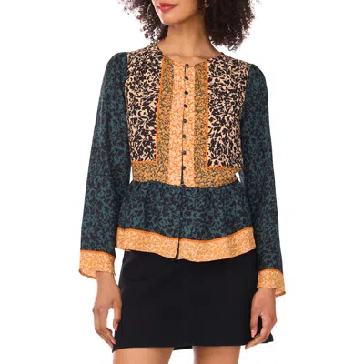 Vince Camuto Mixed Print Peplum Detail Button-up Shirt In Green
