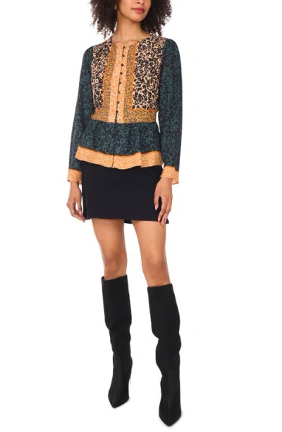 Vince Camuto Mixed Print Peplum Detail Button-up Shirt In Green