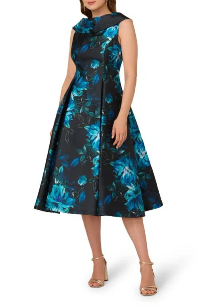 Adrianna Papell Sleeveless Roll Collar Floral Midi Dress In Navy Multi