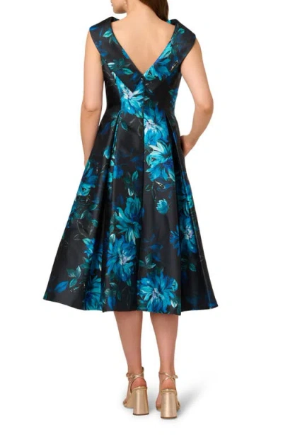 Adrianna Papell Sleeveless Roll Collar Floral Midi Dress In Navy Multi