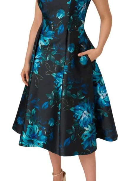Adrianna Papell Sleeveless Roll Collar Floral Midi Dress In Navy Multi