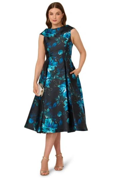 Adrianna Papell Sleeveless Roll Collar Floral Midi Dress In Navy Multi