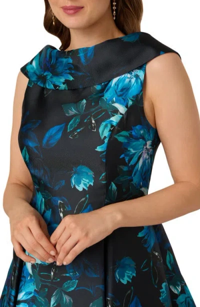 Adrianna Papell Sleeveless Roll Collar Floral Midi Dress In Navy Multi