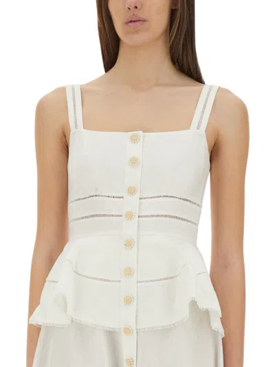 Self-portrait Cream Linen Peplum Midi Dress In Beige In White