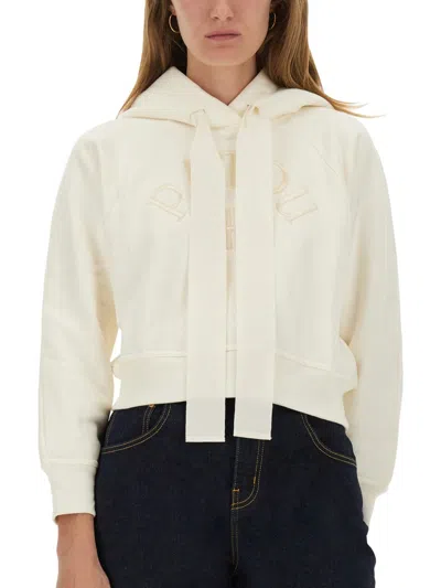 Patou Cropped Hoodie With Embossed Logo And Drawstring Hood In Neutral