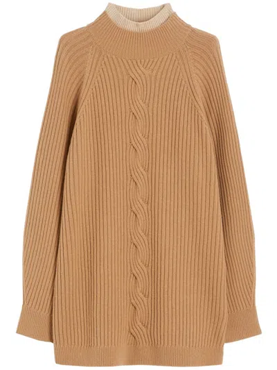 Max Mara Alcazar Cable Knit High Neck Sweater In Brown