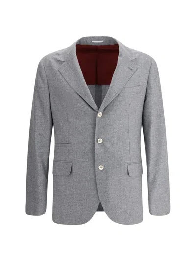 Brunello Cucinelli Men Cashmere And Silk Flannel Blazer In Gray