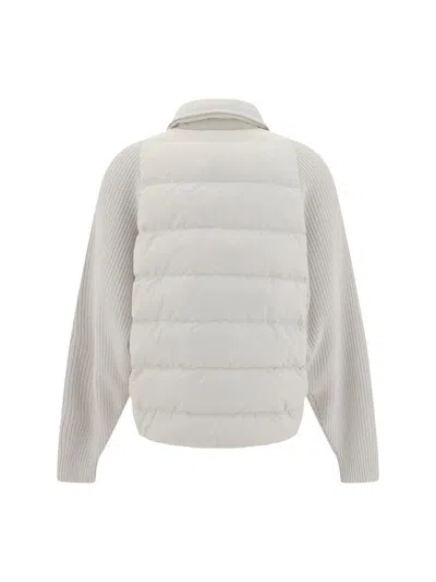 Brunello Cucinelli Two-material Down Jacket With Shiny Flap Detail In White