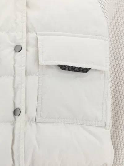 Brunello Cucinelli Two-material Down Jacket With Shiny Flap Detail In White