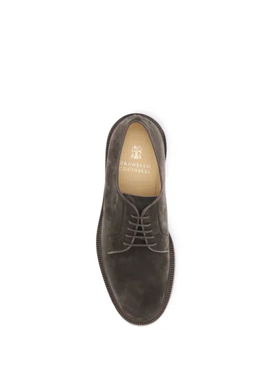 Brunello Cucinelli Classic Brown Suede Derby Shoes In Green