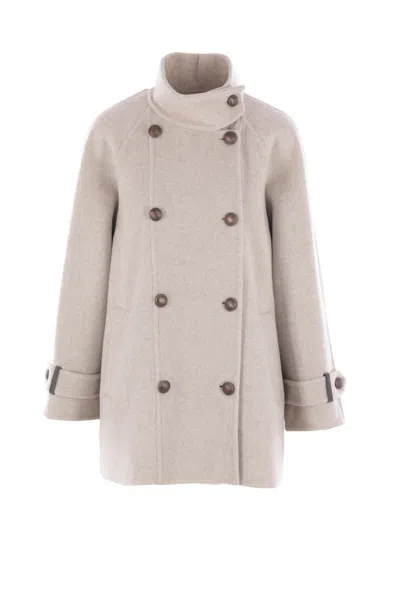 Brunello Cucinelli Double Worked Caban In Virgin Wool And Cashmere Cloth With Shiny Cuff Details Clo In Sand